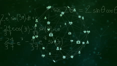 Animation-of-network-of-health-icons-over-mathematical-equations-on-chalkboard