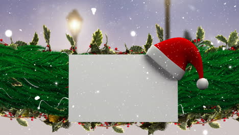 Animation-of-snow-falling-over-white-card-with-copy-space,-christmas-sant-claus-hat