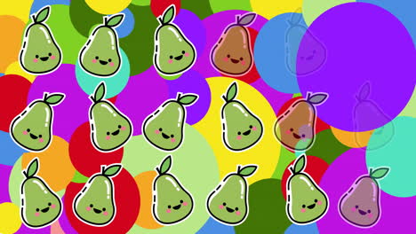 Animation-of-smiling-pears-in-rows-over-colourful-spots