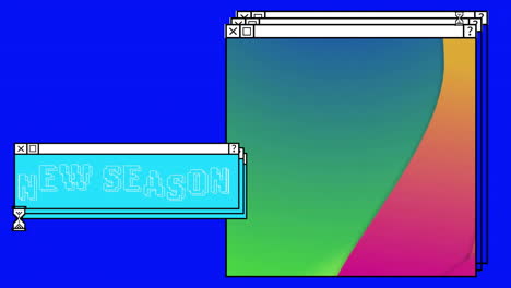 Animation-of-new-season-text-and-open-windows-with-egg-timer-over-blue-computer-desktop