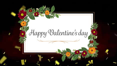 Animation-of-happy-valentine's-day-text-in-white-flower-box-over-gold-confetti-on-black-background