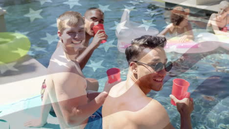 Animation-of-flag-of-america-over-happy-diverse-friends-relaxing-by-pool-and-drinking-in-the-sun