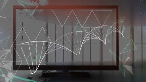 Animation-Eines-DNA-Strangs,-Fernseher-über-Dreiecken-Auf-Dunklem-Hintergrund