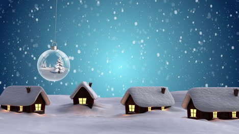 Animation-of-snow-falling-over-christmas-bauble-and-winter-scenery-with-houses-background