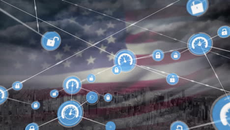 Animation-of-network-of-security-and-data-icons-over-flag-of-america-and-cityscape