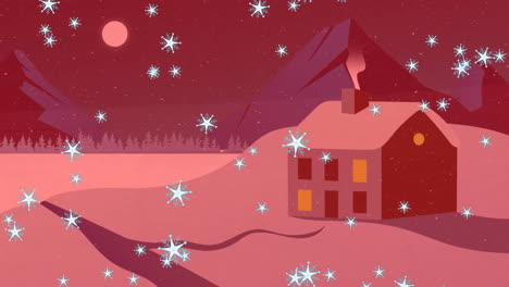 Animation-Von-Schnee,-Der-über-Ein-Haus-In-Einer-Weihnachtlichen-Winterlandschaft-Fällt