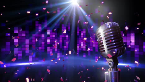 Animation-of-retro-microphone,-glowing-purple-lights-and-confetti-on-black-background