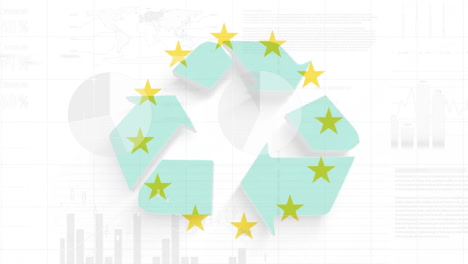 Animation-of-financial-data-processing-and-flag-of-european-union-over-recycling-sign