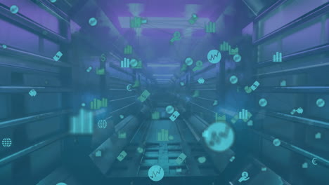 Animation-Eines-Verbindungsnetzwerks-Mit-Symbolen-Im-Tunnel-Auf-Blauem-Hintergrund