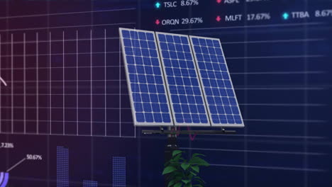 Animation-Von-Solarmodulen-über-Diagrammen-Und-Finanzdatenverarbeitung-Auf-Schwarzem-Hintergrund