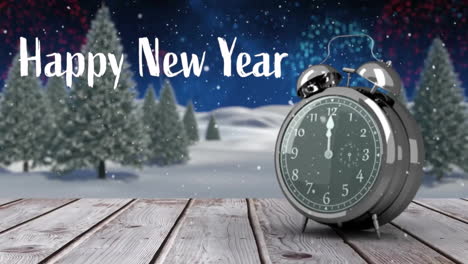 Animation-of-happy-new-year-text-and-alarm-clock-showing-midnight-in-winter-scenery