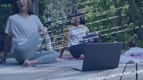 Animation-of-data-processing-over-asian-mother-and-daughter-doing-yoga
