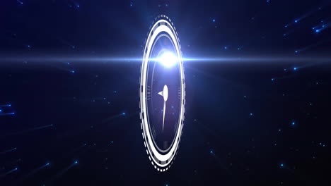 Animation-of-digital-clock-in-loading-circles-with-lens-flare-moving-against-black-background