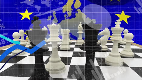 Animation-of-financial-data-processing-and-flag-of-european-union-over-chessboard