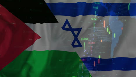 Animation-of-financial-data-processing-over-flag-of-israel-and-palestine