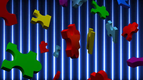 Animation-of-slow-motion-falling-of-puzzle-pieces-with-lines-against-black-background