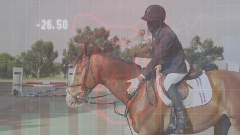 Animation-of-financial-data-processing-over-caucasian-man-horse-riding