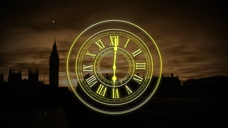Animation-Einer-Uhr,-Die-Mitternacht-Zeigt,-Und-Eines-Explodierenden-Feuerwerks-Vor-Dem-Hintergrund-Einer-Stadtansicht