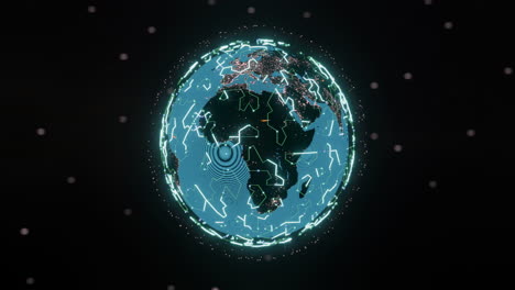 Animation-of-glowing-blue-mesh-of-connections-spinning-over-globe-on-black-background