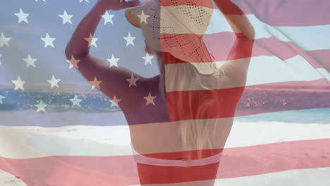 Animación-De-La-Bandera-De-Estados-Unidos-Sobre-Una-Mujer-Caucásica-En-La-Playa-En-Verano.