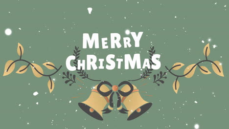 Animation-of-merry-christmas-text-and-snow-falling-over-green-background