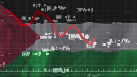 Animation-Einer-Roten-Linie-Und-Der-Verarbeitung-Finanzieller-Daten-über-Der-Flagge-Palästinas