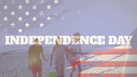 Animation-of-american-flag-and-independence-day-text-over-diverse-friends-walking-on-sunny-beach