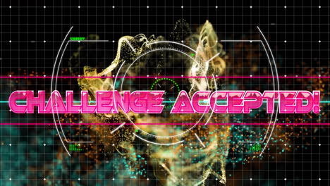 Animation-of-challenge-accepted-text-over-scope-scanning-and-shapes-on-black-background