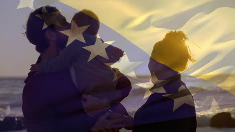 Animation-Der-Bosnischen-Flagge-über-Glücklichen-Kaukasischen-Eltern-Und-Kind-Am-Sonnigen-Strand