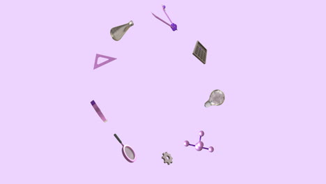 Animation-Von-Schulartikelsymbolen,-Die-Sich-Mit-Kopierraum-Auf-Violettem-Hintergrund-Bewegen