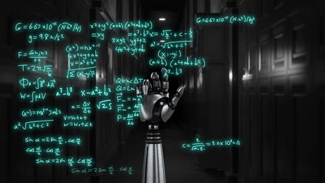 Animation-of-scientific-data-processing-over-robot's-arm-on-dark-background