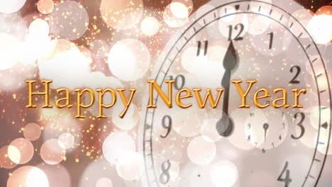 Animation-of-happy-new-year-text,-clock-showing-midnight-and-spots-of-light-background