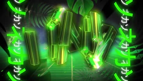 Animation-of-green-crystals-and-text-over-plants-and-shapes-on-black-background