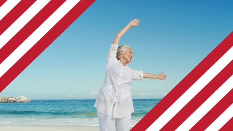 Animation-of-flag-of-usa-over-caucasian-senior-woman-on-beach-in-summer