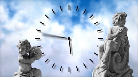 Animation-of-gray-sculpture-of-cupids-over-clouds-and-clock