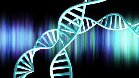 Animation-Von-Sich-Drehenden-DNA-Strängen-Mit-Leuchtenden-Lichtspuren-Auf-Dunklem-Hintergrund