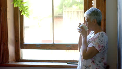 Thoughtful-senior-biracial-woman-drinking-tea-at-window-at-home,-slow-motion