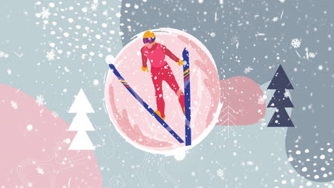Animation-of-snow-falling-over-ski-jumper-and-christmas-winter-scenery