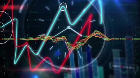 Animation-Der-Verarbeitung-Finanzieller-Daten-über-Die-Uhr-Auf-Dunklem-Hintergrund