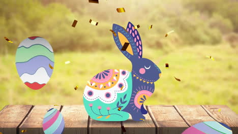 Animation-of-confetti-over-colourful-rabbit-with-easter-eggs-on-wooden-table-at-easter