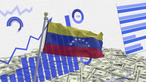 Animation-of-financial-data-processing-over-american-dollars-and-flag-of-venezuela