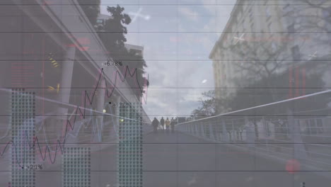 Animation-of-data-processing-and-diagrams-over-cityscape-and-people-walking