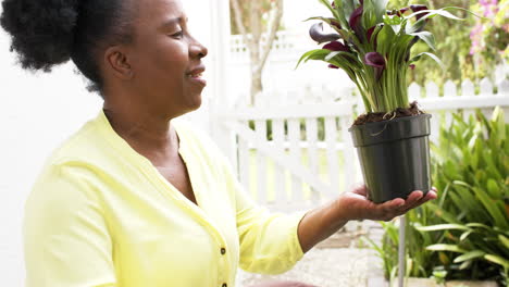 Glückliche-Afroamerikanische-Seniorin-Pflegt-Pflanzen-Und-Lächelt-Im-Sonnigen-Garten,-Zeitlupe