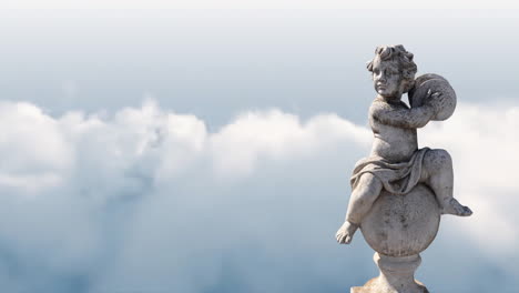 Animation-of-gray-sculpture-of-cupid-over-blue-sky-and-clouds,-copy-space