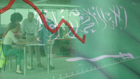 Animation-Der-Verarbeitung-Finanzieller-Daten-über-Verschiedene-Geschäftsleute-Und-Die-Flagge-Von-Saudi-Arabien