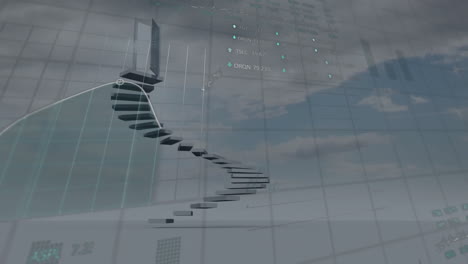 Animation-of-financial-data-processing-over-staircase-and-clouds