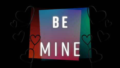 Animation-Von-„Be-Mine“-Text-Und-Herzen-Auf-Schwarzem-Hintergrund