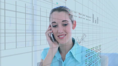Animation-of-multiple-graphs-and-trading-boards-over-caucasian-woman-talking-on-smartphone