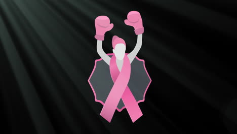 Animation-of-woman-with-boxing-gloves-representation-on-pink-ribbon-against-black-background