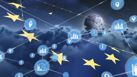 Animation-of-data-and-media-communication-network-over-globe,-cloudy-sky-and-european-union-flag